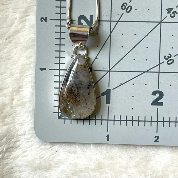 Black Rutilated Quartz Tear Drop Pendant 925 Sterling Silver 19" Necklace Chain - Picture 13 of 15